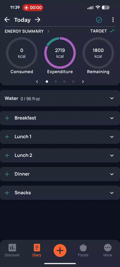 Cronometer demo showing meal logging process